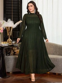 Modelyn 奢华蕾丝长袖优雅高端设计名媛风性感时尚轻盈正式连衣裙，大码，黑色 - 軍綠色 - 查看 7