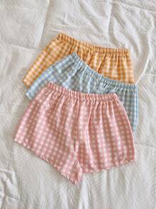3 piezas de shorts cómodos y casuales con estampado a cuadros, decorados con lazos, shorts para dormir en verano - Multicolor 6 - Ver 2