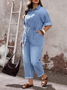 EMERY ROSE EMERY ROSE Mono de mezclilla casual sin estiramiento con botones y escote caído para mujer de talla grande - Lavado ligero - Ver 5