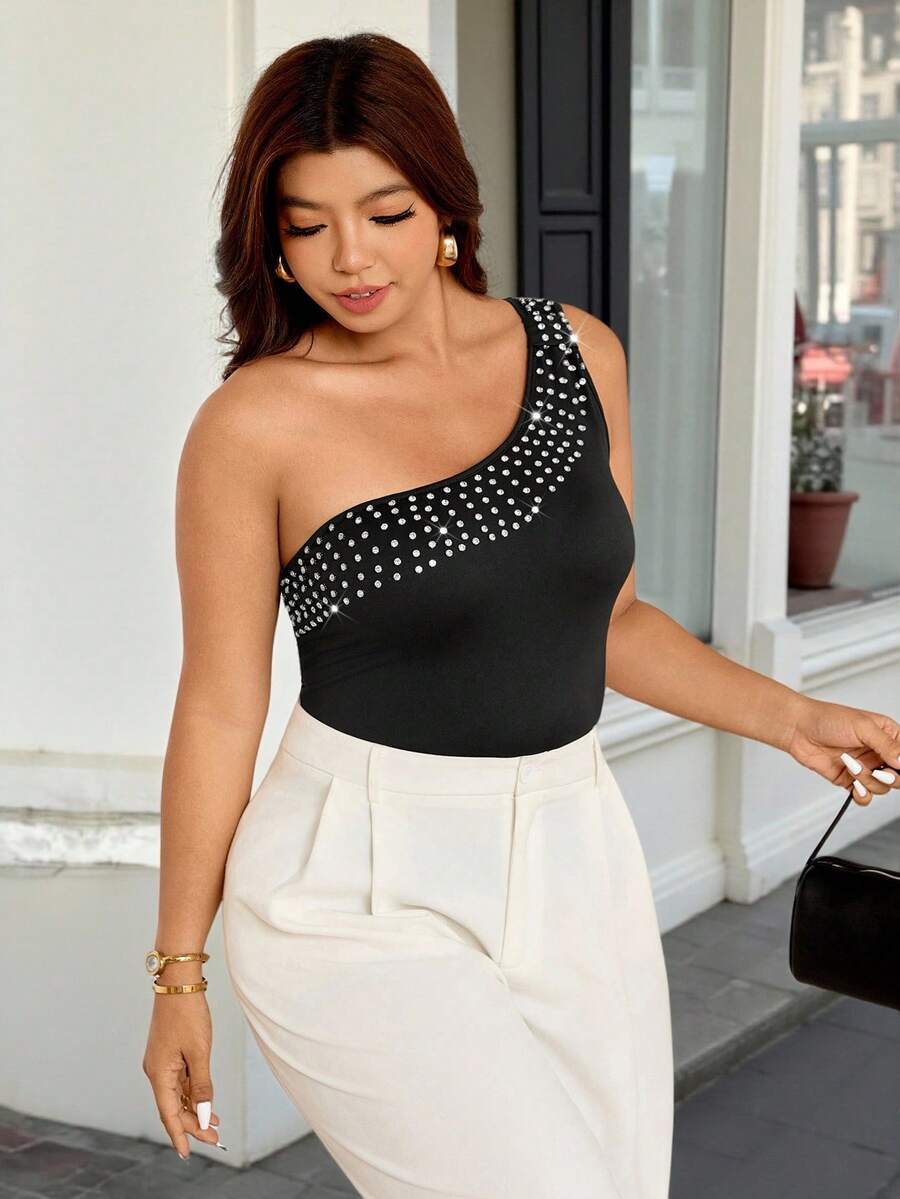 Vionelle Plus Size Women Fashion Rhinestone Embellished Sleeveless Top - Black - View 1
