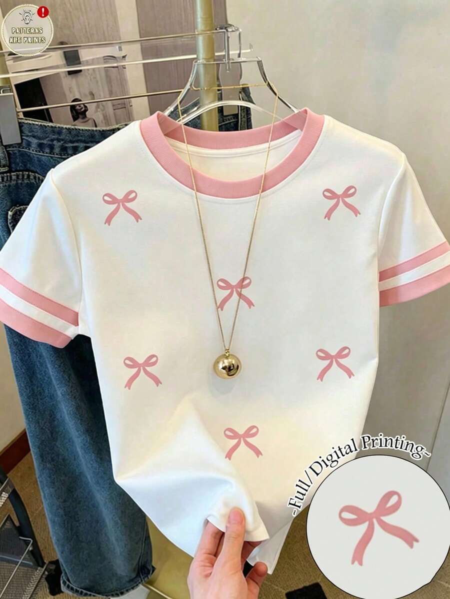 女童蝴蝶结印花宽松休闲撞色条纹圆领T恤 - 彩色 - 查看 1