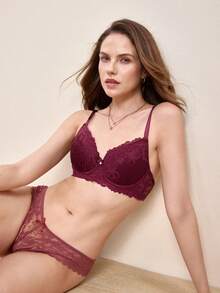Hourtrue Ropa Interior De Encaje Floral Con Aros - Morado - Ver 10