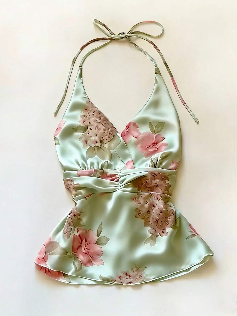 IslaSuriya 大码女式夏季吊带休闲度假印花上衣 - 綠色 - 查看 1