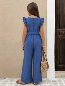 SHEIN Bộ áo liền quần ống rộng có bèo nhún, thắt lưng, thích hợp cho bé gái tuổi teen, phong cách thường ngày đi nghỉ mát, mùa xuân/hè. - Màu xanh lam - Xem 2