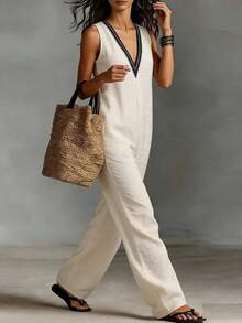 SHEIN Holidaya Bộ áo liền quần không tay cổ chữ V dành cho nữ, kiểu dáng thường ngày, thích hợp cho mùa hè. - Màu be - Xem 3