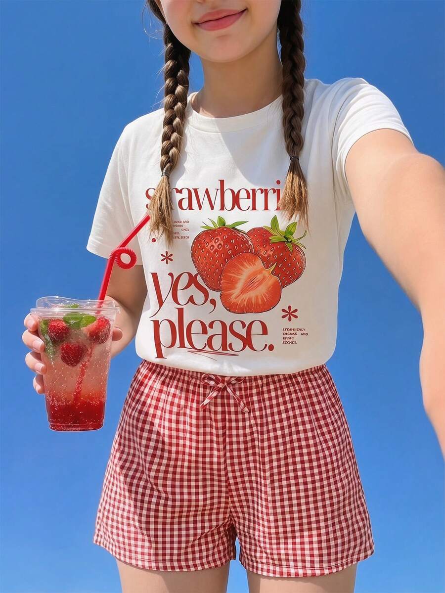 SHEIN Sparklyn 2件套女童草莓图案短袖圆领露脐上衣+条纹休闲短裤,可爱蝴蝶结装饰,适合春夏休闲、日常穿着、外出。 - 紅色 - 查看 1