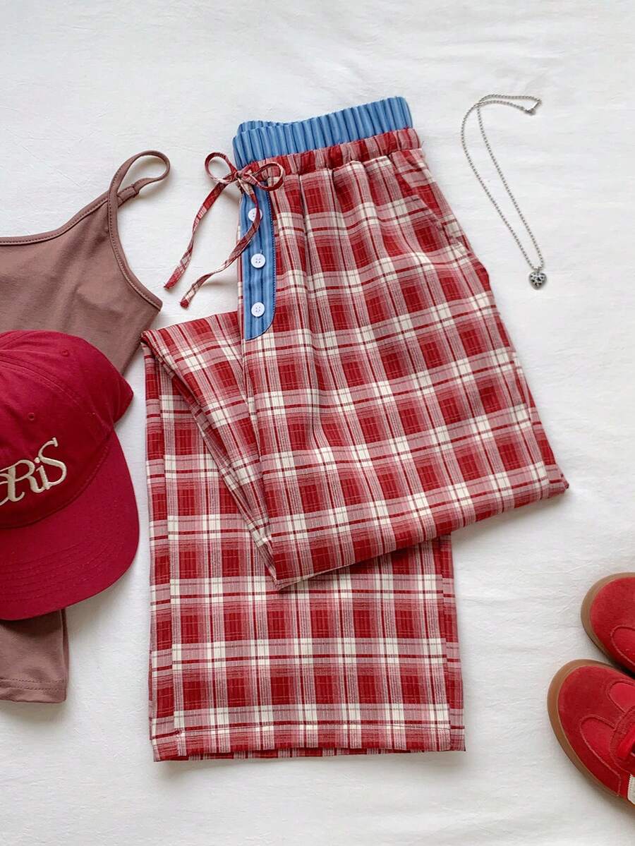 Comfortcana Plaid Belted Loose Wide Leg Pants For Women Red And White Plaid Checkered Summer Casual Preppy Day Lounge Back-To-School - Red - View 1