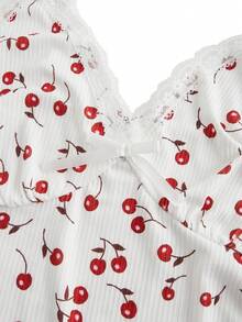 ROMWE Kawaii Plus Size Women Cherry Printed Contrast Lace Camisole, Summer - Multicolor - View 3