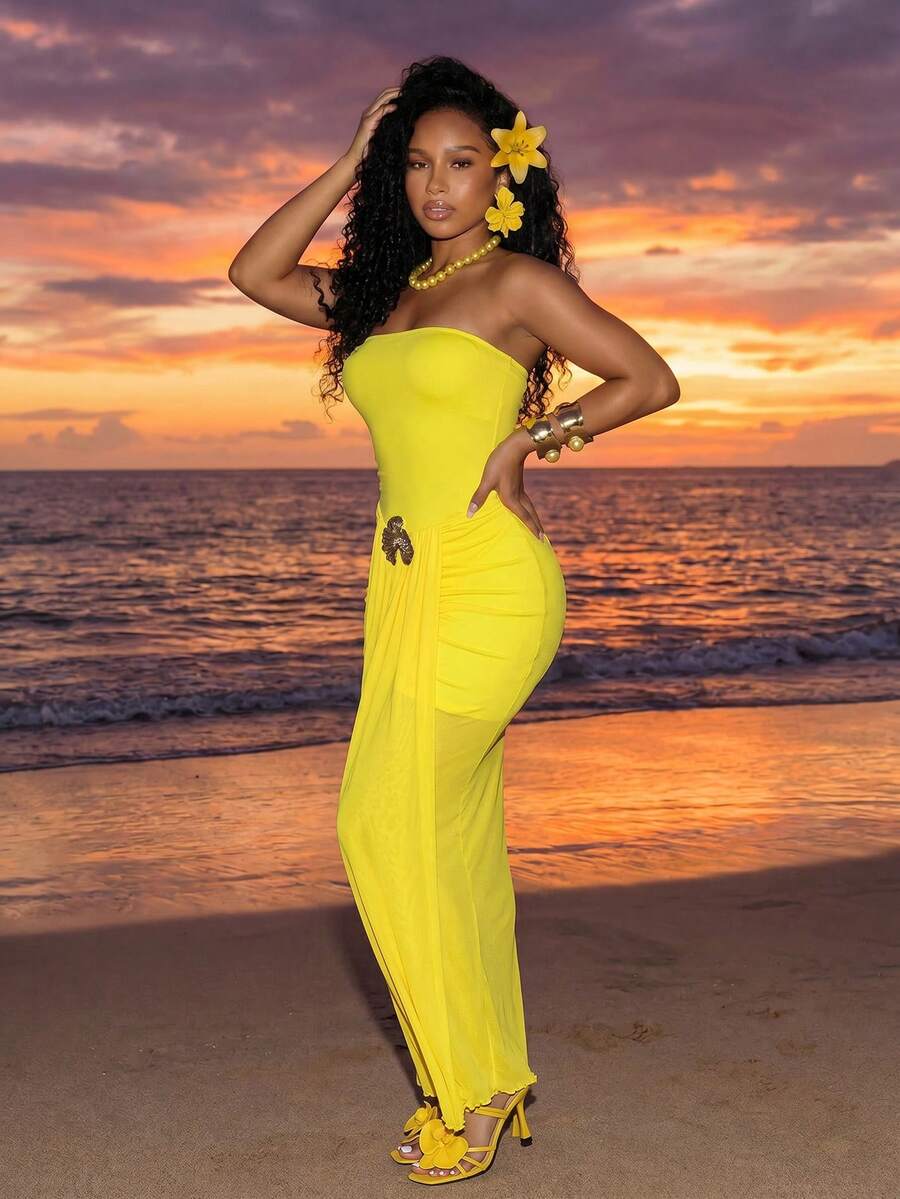 SHEIN BamGlam Đầm lưới xuyên thấu không dây vai dành cho nữ, phối nhiều mảnh vải. - Màu vàng - Xem 1