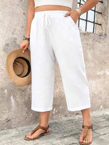 SHEIN Holidaya Quần dài nữ cỡ lớn kiểu dáng thường ngày, quần lửng 7/8 thoải mái, chất liệu có họa tiết, thích hợp cho kỳ nghỉ xuân/hè ở vùng quê. - trắng - Xem 4