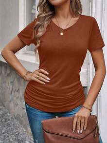 EMERY ROSE Women's Solid Color Tight Fit Short Sleeve T-Shirt, Versatile For Summer Everyday Rust Brown Casual - Brown - View 6