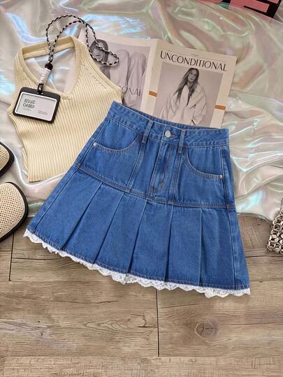 GlowEve Women's Summer Casual Vacation & Commute Contrast Lace Pleated Hem Denim Mini Skirt