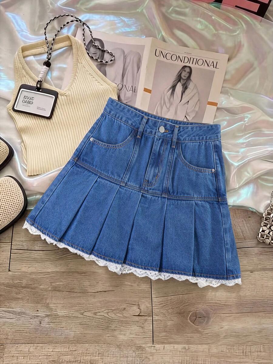 GlowEve Chân váy denim ngắn nữ mùa hè, kiểu dáng thường ngày, phù hợp đi nghỉ mát và đi làm, với viền ren xếp ly tương phản. - Màu xanh lam - Xem 1
