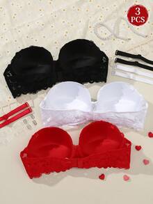 SHEIN Bộ 3 áo ngực nữ có gọng, ren, đệm mút, nâng ngực. - Nhiều màu - Xem 2