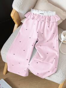 Genkimix Kids Quần ống rộng dáng casual cho bé gái (cỡ nhỏ): Quần in họa tiết nơ kẻ sọc, cạp chun phối bèo nhún, màu trắng. - Hồng - Xem 1