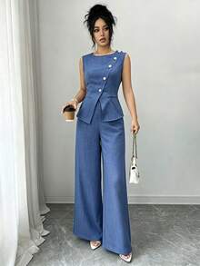 Elenzga 藍色夏季優雅派對女款圓領斜領珍珠鈕扣無袖收腰下擺開衩假口袋襯衫與寬腿褲2件套 - 藍色 - 查看 5