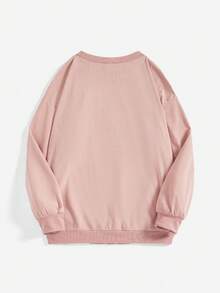 EMERY ROSE Áo nỉ dài tay cổ tròn in chữ dáng rộng thoải mái cho nữ, áo nỉ dài tay cổ tròn dáng rộng màu hồng dáng suông vai rớt cho nữ mùa đông, áo nỉ dài tay tốt nghiệp, áo đi học, áo giáo viên cho nữ, áo mùa thu đi học - Hồng - Xem 2
