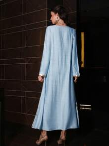 Layrah Luxurious Round Neck Embroidered Beaded Long Sleeve Flared Dress, Spring/Summer - Blue - View 3