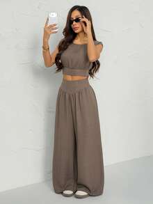 SHEIN PETITE Bộ 2 món nữ mùa hè kiểu dáng thường ngày, áo croptop và quần dài màu trơn, màu nâu, thích hợp cho mùa đông xuân. - Cà phê nâu - Xem 5