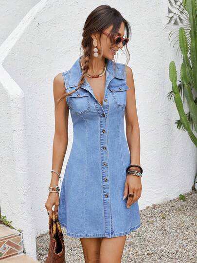 SHEIN CURVE+ Plus Size Women's Summer Casual Everyday Commute Flip Pocket Single-Breasted Open Front Sleeveless Denim Dress
