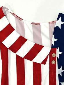 Linhara Plus Size Women American Flag Print Asymmetric Ruffle Trim Short Sleeve Fashionable Blouse Independence Day Blouse - Multicolor - View 3
