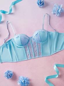 Elorette Solid Color Lace Patchwork Sheer Spaghetti Strap Sexy Camisole Bra - Baby Blue - View 2