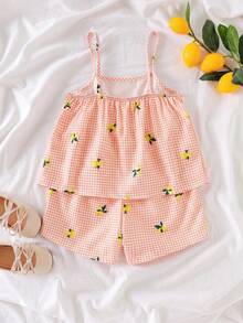 SHEIN Elladie kids 小女孩橙色格子樱桃印花吊带背心和短裤套装，清爽舒适的夏季服装 - 橘色 - 查看 2