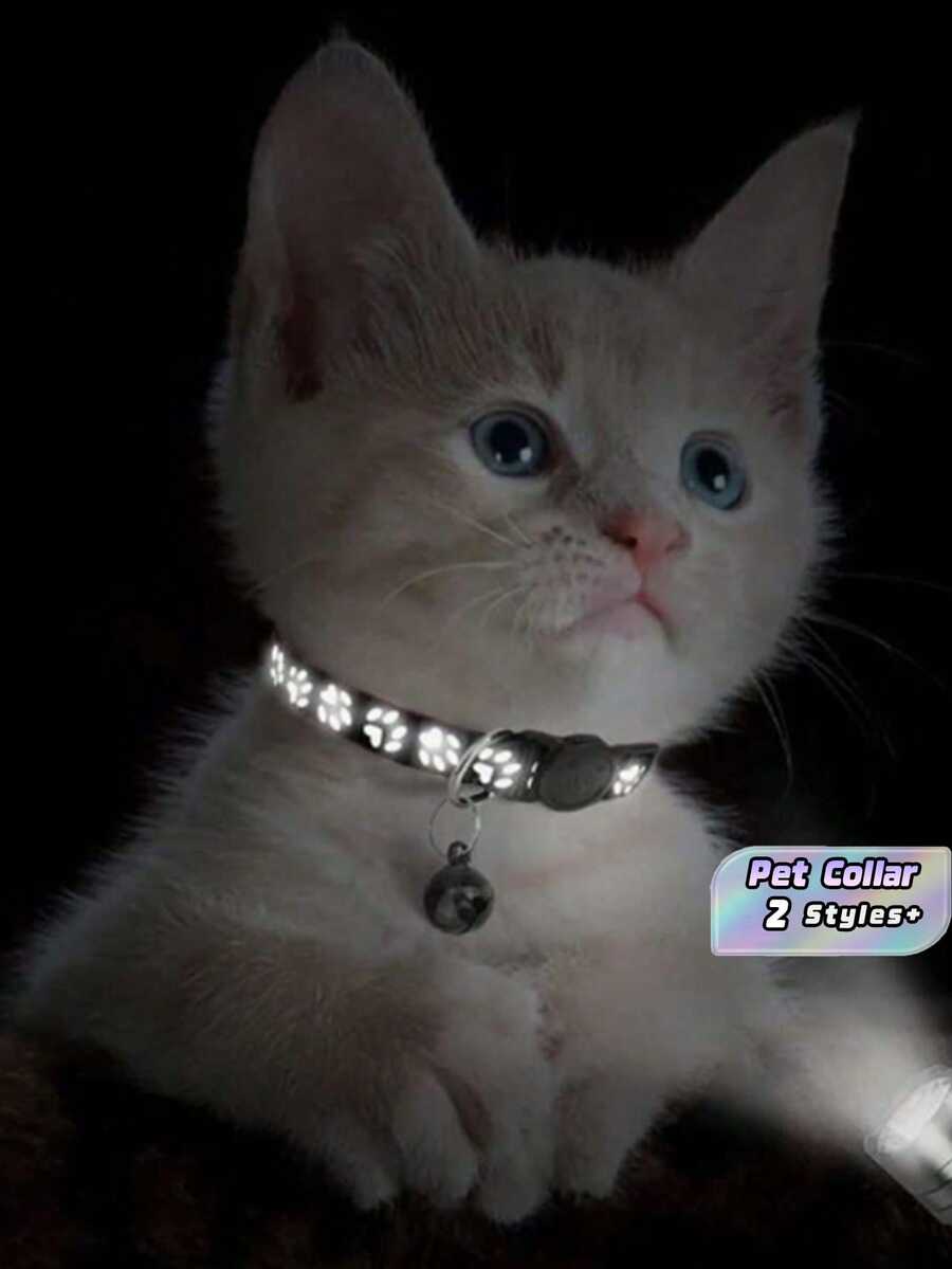 2 件黑色反光防丢失宠物项圈适用于中小型犬和猫反光小动物项圈印花爪印铃铛项圈猫扣项圈 - 黑色 - 查看 1