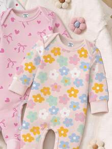 [1 Set Random] Newborn Baby Girl Cute Cartoon Strawberry Floral Print Long Sleeve & Footed Sleepwear Romper Soft Knit Homewear Spring Autumn - Multicolor - View 4