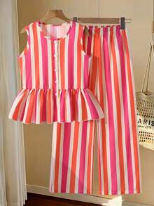 Conjunto informal de 2 piezas de top con volantes a rayas y pantalones para niñas preadolescentes - Multicolor - Ver 3