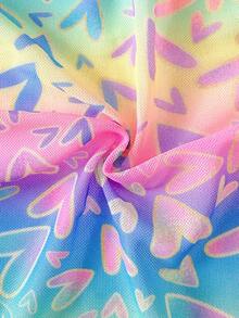 SHEIN 少女连体泳衣，梦幻甜美风格，采用渐变彩虹色底色搭配同色系3D爱心印花，挂脖式设计，正面镂空，渐变爱心网纱裙摆，两件套，时尚、休闲、优雅、奢华、淑女风，适合游泳、夏季度假、海滩、泳池、派对、假日等场合。 - 彩色 - 查看 7
