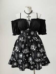 Sunspun Plus Size A-Line Off-Shoulder Ruched Dress, Dark Aesthetic - Multicolor - View 3