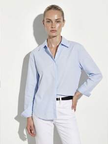 KSTM Women Light Blue Poplin Button Down Shirt Long Sleeve Collared Blouse Hidden Button Professional Office Top - Blue - View 1