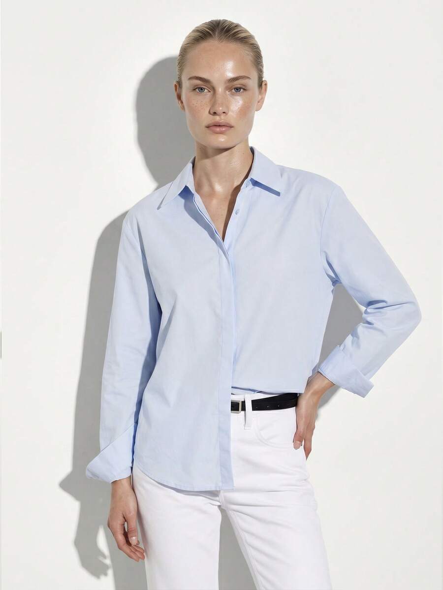 KSTM Women Light Blue Poplin Button Down Shirt Long Sleeve Collared Blouse Hidden Button Professional Office Top - Blue - View 1