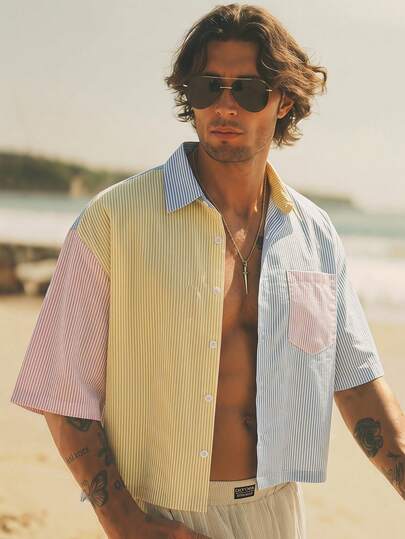  HIMLAND Men's Striped Short Sleeve Single-Breasted Casual Pocket Shirt, Men's Striped Camp Collar Short Sleeve Shirt, Vintage Style Vertical Stripe Beach Top, Breathable Linen Summer Shirt Men, Relaxed Fit Vacation Button Down Shirts, Blue White Stripe Resort Wear For Men, Casual Lapel Neck Bowling Shirt, The Summer Essential: Men's Relaxed Fit Striped Camp Collar Shirt For Beach & Resort, Men Shirts