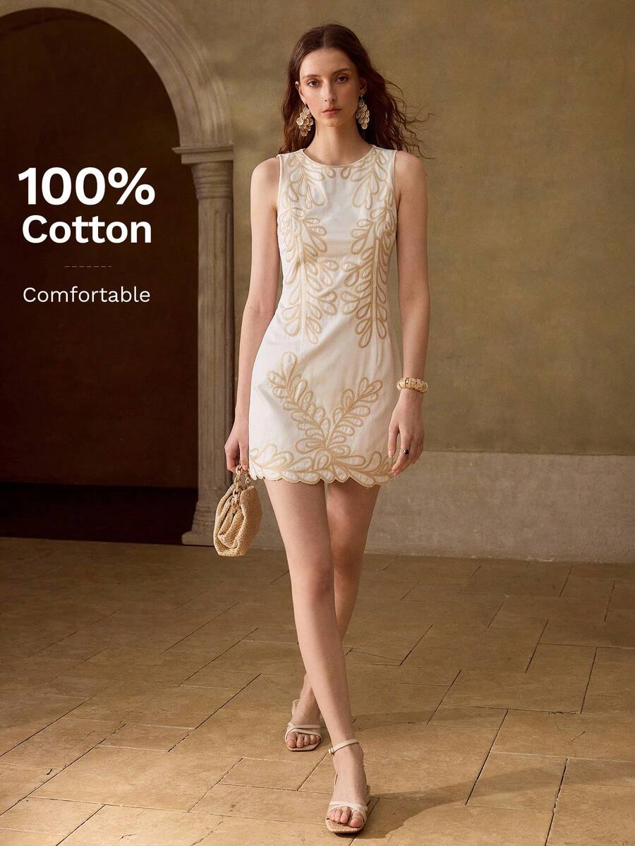 MOTF PREMIUM Đầm ngắn không tay cổ tròn thêu họa tiết bằng vải lanh dành cho nữ, thích hợp mặc thường ngày và hẹn hò, mùa xuân/hè. - Màu be - Xem 1