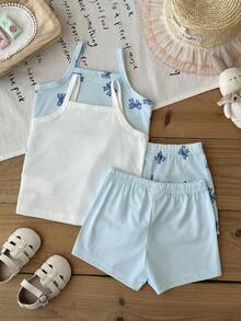 SHEIN Bộ đồ hè 4 món dễ thương và thoải mái cho bé gái: Áo tank top trắng hồng in hình nơ hồng và quần short – Bộ 4 món - Màu xanh nhạt - Xem 2