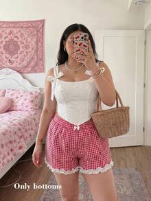 SHEIN MOD Plus Size Summer Red & White Plaid Shorts, Frill Trim Design, Suitable For Girls, Casual Wear, Vacation, Daily, School - Red and White - View 7