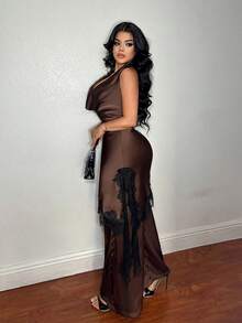 SHEIN SXY Sexy Lace Patchwork Plunging Neck Backless Halter Top And Pants Set - Brown - View 5