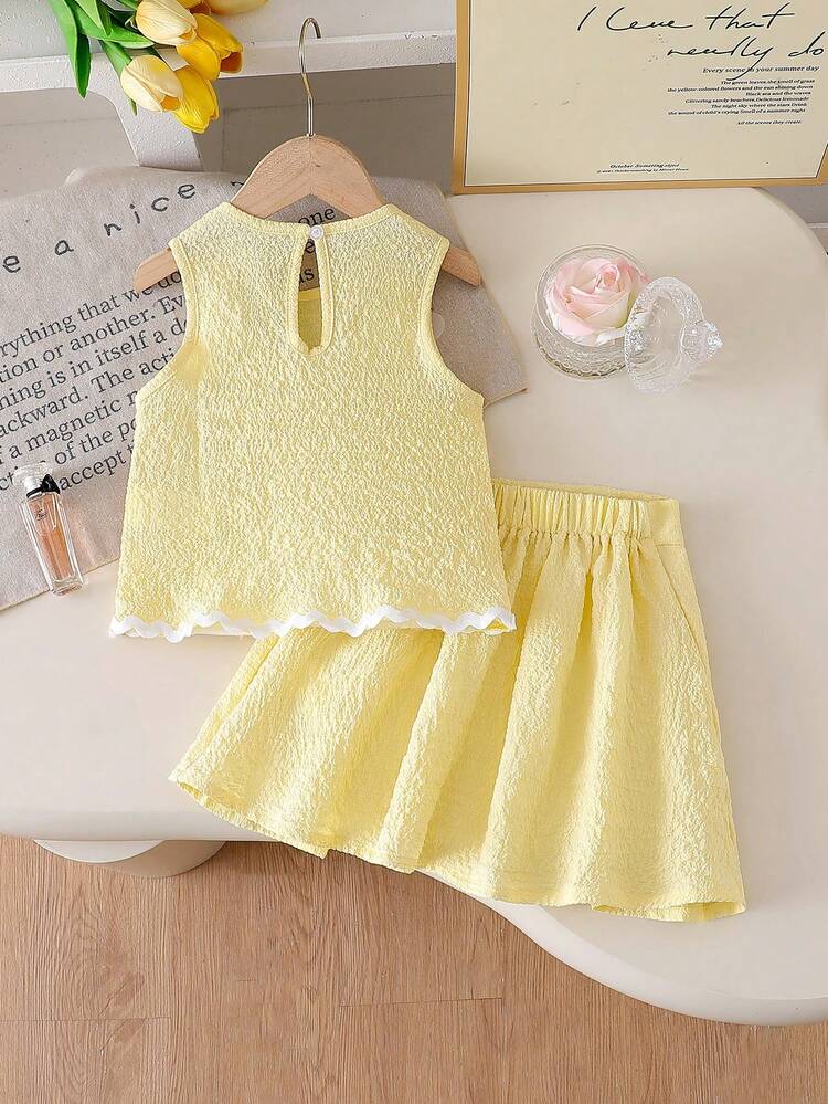 Elladie kids Bộ 2 món cho bé gái, gồm áo vest cổ hoa 3D đính ngọc trai dễ thương, thanh lịch và chân váy xếp ly ngắn, thích hợp mặc hàng ngày, đi làm, đi nghỉ mát và các dịp khác, mùa hè. - Màu vàng - Xem 2