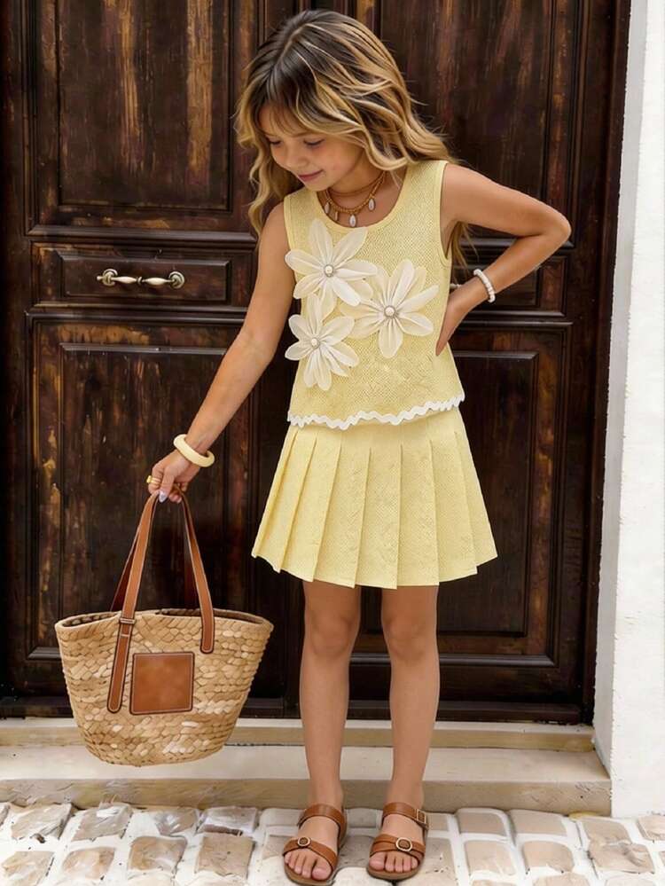 Elladie kids Bộ 2 món cho bé gái, gồm áo vest cổ hoa 3D đính ngọc trai dễ thương, thanh lịch và chân váy xếp ly ngắn, thích hợp mặc hàng ngày, đi làm, đi nghỉ mát và các dịp khác, mùa hè. - Màu vàng - Xem 3