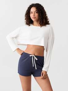 Loungeista 2pcs Women's Solid Color Knit Drawstring Casual Shorts, Comfortable For Home & Sleep, Suitable For Spring, Summer, Autumnfor Summer - Multicolor - View 6