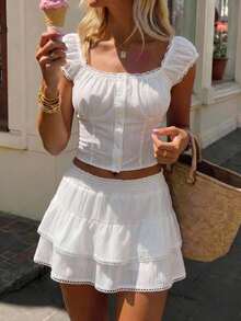 SHEIN EZwear White Woven Women's Single-Breasted Raglan Casual Cute Shirt And Mini Skirt Set Vacation Summer - White - View 9