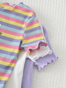 Cozy Pixies Conjunto de 3 peças para bebê menina com body de manga curta, gola redonda e estampa floral e listrada em arco-íris. - Multicolorido - Ver 6