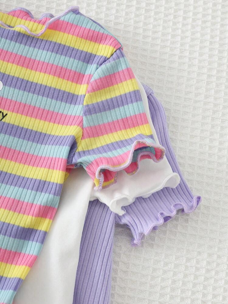 Cozy Pixies 3pcs Baby Girl Floral & Rainbow Striped Round Neck Short Sleeve Romper Set - Multicolor - View 6