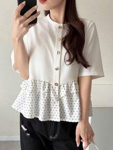 FRIFUL Áo thun nữ kiểu dáng ngọt ngào, dễ thương, phong cách nghỉ mát, họa tiết chấm bi, vạt peplum, thích hợp cho mùa hè. - trắng - Xem 3