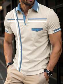 Manfinity Homme 男士休闲条纹拼接短袖 Polo 衫，夏季男士衬衫，米色男士 Polo 衫，条纹 Polo 衫 - 米色 - 查看 4