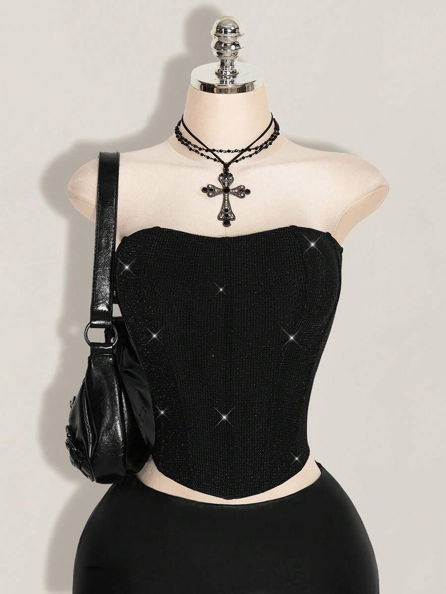 SHEIN ICON 夏季女士亮面拉链紧身吊带背心 - 黑色 - 查看 1