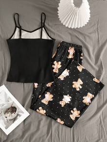 SHEIN Bộ đồ ngủ cho bé gái tuổi teen, áo hai dây ôm sát thoải mái với họa tiết gấu dễ thương và quần cùng họa tiết gấu, thích hợp cho mặc hàng ngày và ở nhà. - màu đen - Xem 2