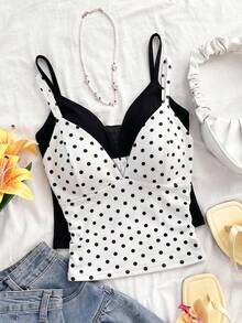 SHEIN Franclia 2件組夏季優雅白色波點與黑色細肩帶背心上衣，純棉可調節後背，適合度假海灘度假村休閒、辦公通勤 - 彩色 - 查看 5
